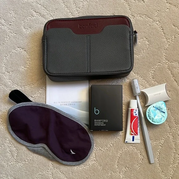 Cathay Pacific first class Amenity Travel, pajama and dining menu and drink list